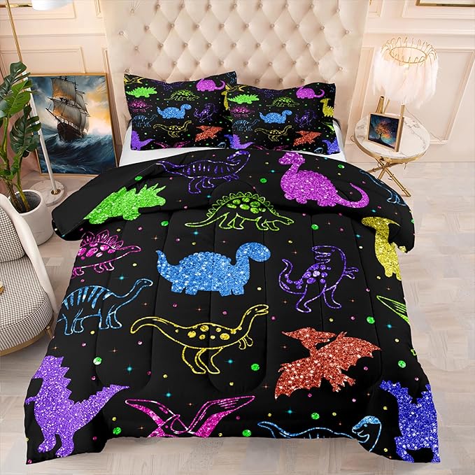 Dinosaur Kids Bedding Sets for Boys, Cartoon Dinosaur Comforter Sets Queen Size Colorful Dinosaur Bedding Soft Breathable Dinosaur Quilt for All Season (1 Comforter 2 Pillowcase)