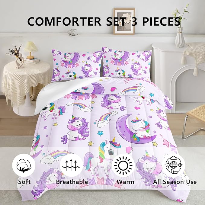 Axolotl Purple Unicorn Comforter Set Full Size,Girls Bedding Set,Cute Unicorn Rainbow Bedding Set with Stars for Kids Girls Teens Adults Women,1 Comforter with 2 Pillowcase Unicorn Gifts for Girls