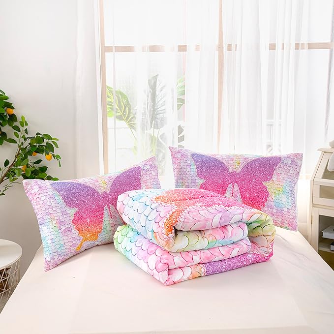 CVHOUSE Butterfly Bedding Set,Butterfly Comforter King,Butterfly Comforter Set for Girls Kids Teens,Butterflies Quilt Set with 1 Comforter and 2 Pillow Cases- 3 Piece