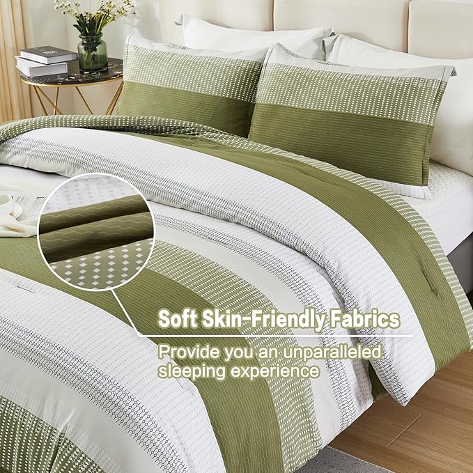Litanika Olive Green Comforter Set Queen - 3 Pieces Lightweight Olive Green White Colorblock Stripe Fluffy Bedding Comforter Sets, All Season Bed Set