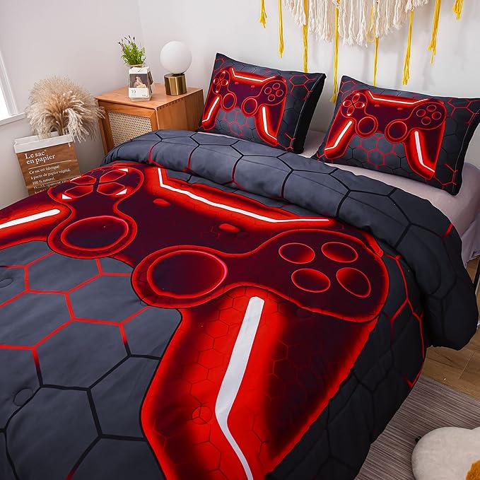 NTBED Game Console Comforter Set for Boys Girls Kids Geometric Lightweight Microfiber Bedding Sets (red, Full)