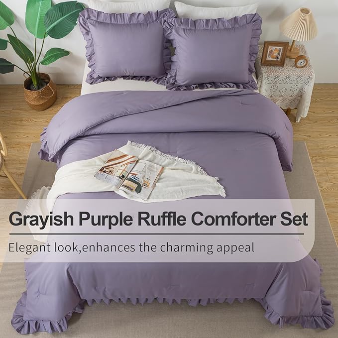 Andency Grayish Purple Ruffle Comforter Set Twin, 2 Pieces Kids Comforter Set Twin(66x90Inch), Lightweight Soft Shabby Chic Bedding Comforter Sets All Season Bed Set for bedrooms