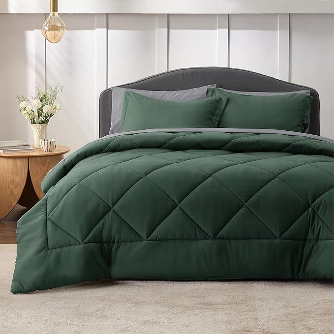 Bedsure Forest Green Queen Comforter Set - 7 Pieces Reversible Queen Bed in a Bag, Queen Bed Set Forest Green and Grey with Comforters, Sheets, Pillowcases & Shams
