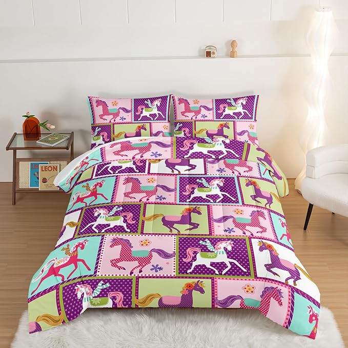 HOSIMA 3Pcs Kawaii Kids Horse Comforter Set with 2 Pillowcases,Colorful Dots Style Twin Bed in a Bag Sets for Adults Teens,Horse Pony Twin Comforter Princess Toddler Bedding Set.