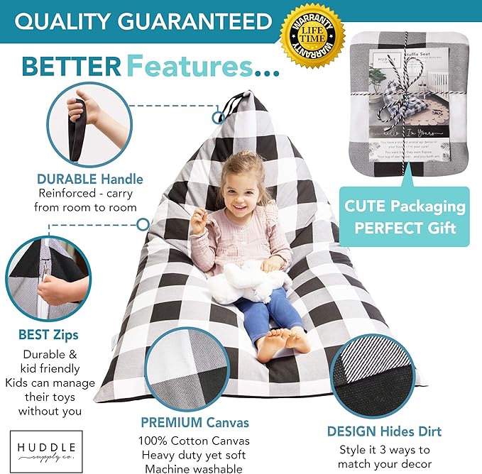 Stuffed Animal Bean Bag Storage - Machine Washable Bean Bag Chair for Kids - Extra Large Cover for Stuffing with Plush Toys, Pillows, Soft Items - Stuffed Animal Holder for Boys & Girls - Gingham