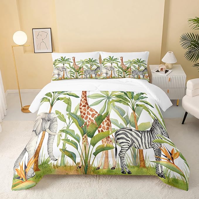 Wild Animal Comforter King Size,Elephant Giraffe Zebra Kids Comforter Set,3Pcs Bedding Set Printed Comforter with 2 Pillowcases,Down Alternative,Soft and Lightweight