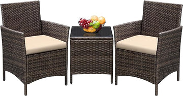 Greesum 3 Pieces Patio Furniture Sets Outdoor PE Rattan Wicker Chairs with Soft Cushion and Glass Coffee Table for Garden Backyard Porch Poolside, Brown and Beige