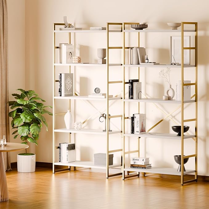Shintenchi 5 Tiers Bookshelf, Classically Tall Bookcase Shelf,Industrial Book Rack,Modern Book Holder in Bedroom/Living Room/Home/Office, Storage Rack Shelves for Books/Movies,Gold