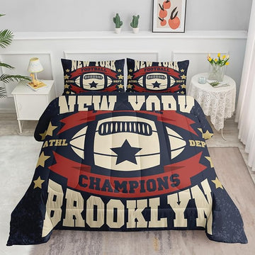 Datura home Football Comforter Sets for Boys Kids,Red Blue Theme Beige Football Championship,Duvet 3Pcs in Quilt Sets with 1 Comforter and 2 Pillowcases All Season(Red Queen)