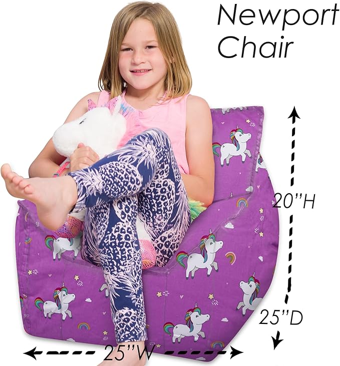 Posh Creations Structured Comfy Bean Bag Chair for Gaming, Reading, and Watching TV, Newport Chair, Canvas - Unicorn and Rainbows on Purple