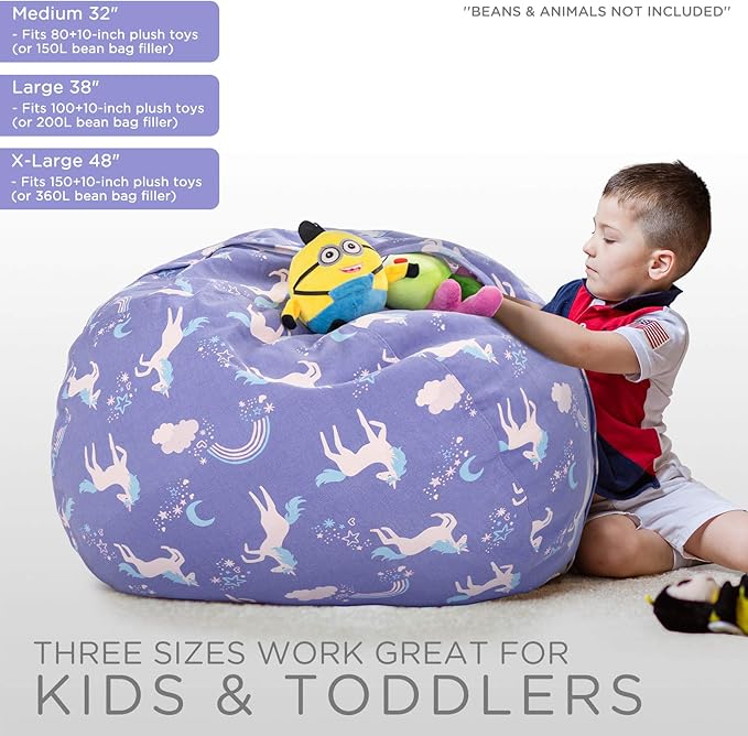 Aubliss Stuffed Animal Storage Bean Bag, Unicorn Bean bag Chair, Stuff 'n Sit for Kids, Medium 32"-Canvas Unicorn Blue