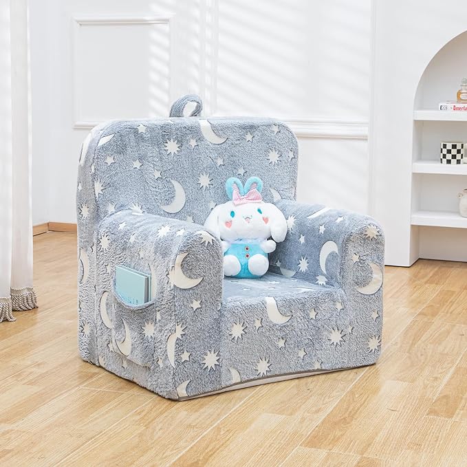 Snuggly-Soft Cuddly Toddler Plush Armchair for Boys and Girls Fuzzy Plush Kids Sofa Couch Reading Chair with Children Friendly Handle for Easy Movement & Double Pockets for Storage, Glowing Grey