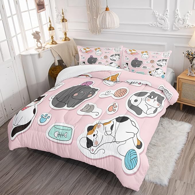 CVHOUSE Cat Bedding,Cartoon Cat Comforter Twin,Animals Print Comforter Set for Kids,Kawaii Quilt Set with 1 Comforter and 2 Pillow Cases