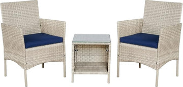 BTEXPERT Outdoor Wicker Conversation 3 Piece Bistro Set Garden Patio Yard Porch Furniture Space Saving Pe Rattan 2 Chairs Cushions Side Storage Glass Table Stone Gray/Navy Blue 3pc