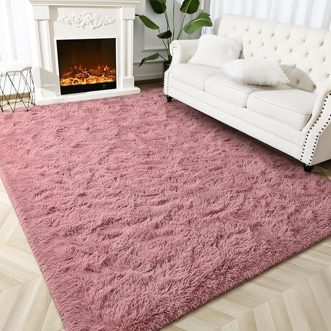 Super Soft Fluffy Shaggy Rugs for Living Room Bedroom, Fuzzy Plush Area Rugs for Girls Kids Room Nursery Home Decor, Furry Dorm Rug Cute Non-Slip Indoor Floor Carpet 5x8 Feet, Blush
