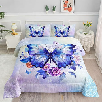 Datura home Kids Comforter Set Butterfly Printed Pattern Bedding Set with 1 Comforter and 2 Pillowcases for Girls Boys Bedroom All Season(Butterfly3 Queen)