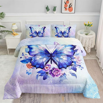 Datura home Kids Comforter Set Butterfly Printed Pattern Bedding Set with 1 Comforter and 2 Pillowcases for Girls Boys Bedroom All Season(Butterfly3 Full)