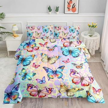 Datura home Kids Comforter Set Butterfly Printed Pattern Bedding Set with 1 Comforter and 2 Pillowcases for Girls Boys Bedroom All Season(Butterfly0 Queen)