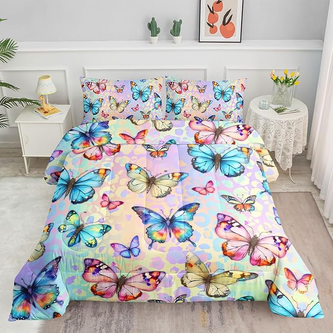 Datura home Kids Comforter Set Butterfly Printed Pattern Bedding Set with 1 Comforter and 2 Pillowcases for Girls Boys Bedroom All Season(Butterfly0 Queen)