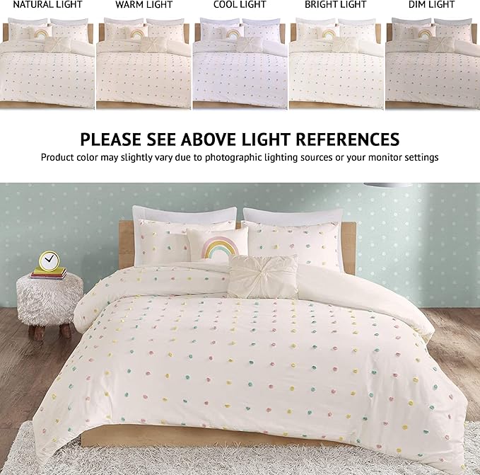 Callie Cotton Jacquard Weave Colorful Pom Pom Kids Comforter sets, Down Alternative Shabby Chic All Season Girls Bedding, Bedroom Decor, Full/Queen, Multi 5 Piece