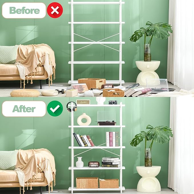 HCHQHS Bookshelf, 5-Tier Industrial Bookcase, White Open Book Shelf, Freestanding Tall Bookshelves with Metal Frame