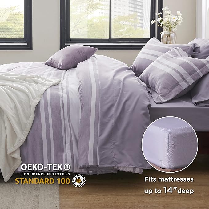 Bedsure Bed in a Bag Queen Size 7 Pieces, Purple White Striped Bedding Comforter Sets All Season Bed Set, 2 Pillow Shams, Flat Sheet, Fitted Sheet and 2 Pillowcases