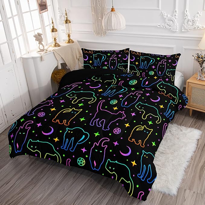 Black Cat Bedding Cartoon Cat Comforter Set Full,Moon Stars Printed Kids Bedding Set for Boys Girls Adults Room Decor,Kids Comforter Set All Season,1 Quilt 2 Pillow Cases,Neon Color Purple Blue Green