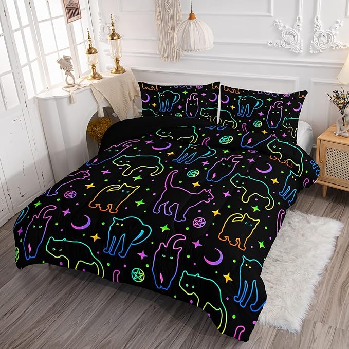 Black Cat Bedding Cartoon Cat Comforter Set Queen,Moon Stars Printed Kids Bedding Set for Boys Girls Adults Room Decor,Kids Comforter Set All Season,1 Quilt 2 Pillow Cases,Neon Color Purple Blue Green
