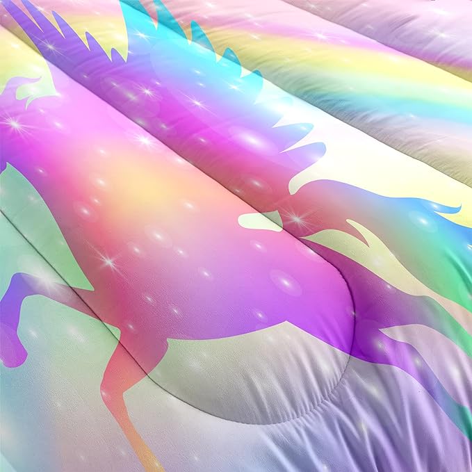 Kids Comforter Bedding Set 3 Pieces Super Soft Breathable Print Kids Bedding Sets for Girls, Machine Washable Durable Comforter Set with Comforter, 2 Pillowcases Rainbow(Twin, Purple Unicorn)