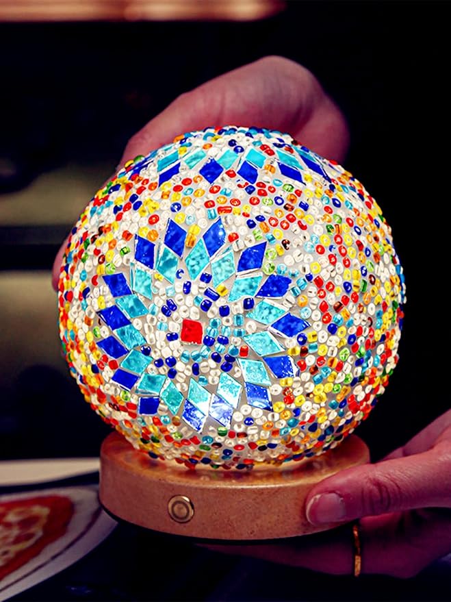 Turkish Table lamp,Bedside Lamps with Wooden Base,Bohemian Tiffany Style Bedroom Lamps,Mosaic Glass Retro Home Decor,Moroccan Lantern for Living Room,Office,Halloween Decorations(Blue)