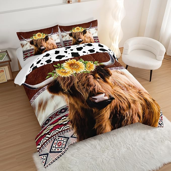 HOSIMA Highland Cow Decor Comforter with 2 Pillowcases,Animal Theme Western Bedding Sets,Brown Cowhide Black White Cow Print Comforter Set,Sunflower Twin Bed in a Bag Sets for Adults Kids.