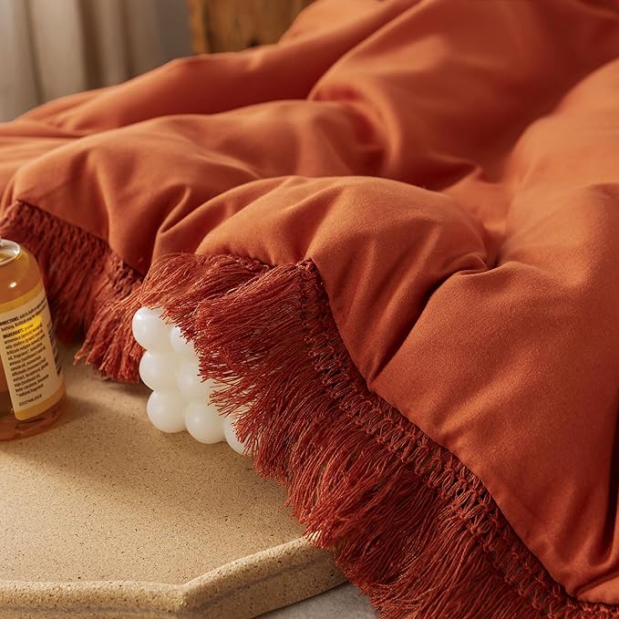 Andency Twin Comforter Set Burnt Orange, 2 Pieces Terracotta Boho Tassel Kids Comforter Sets for Boys Girls Teens, All Season Rust Soft Bed Set (66x90In Comforter & 1 Pillowcase)