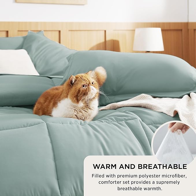 Bedsure Sage Green Twin Comforter Set - 5 Pieces Solid Twin Bed in a Bag, Twin Bed Set Sage Green with Quilted Warm Fluffy Comforters, Sheets, Pillowcase & Sham