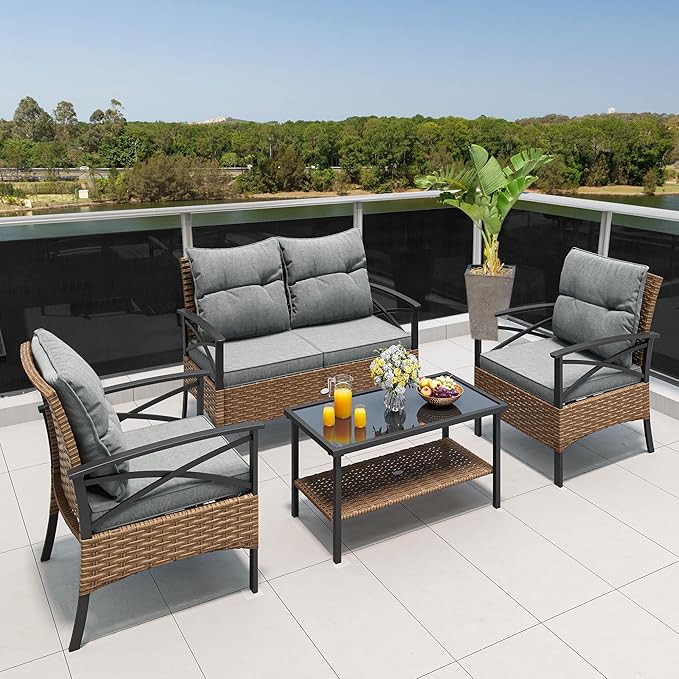 YITAHOME 4-Piece Patio Furniture Wicker Outdoor Bistro Set, All-Weather Rattan Conversation Loveseat Chairs for Backyard, Balcony and Deck with Soft Cushions and Metal Table (Light Brown+Gray)