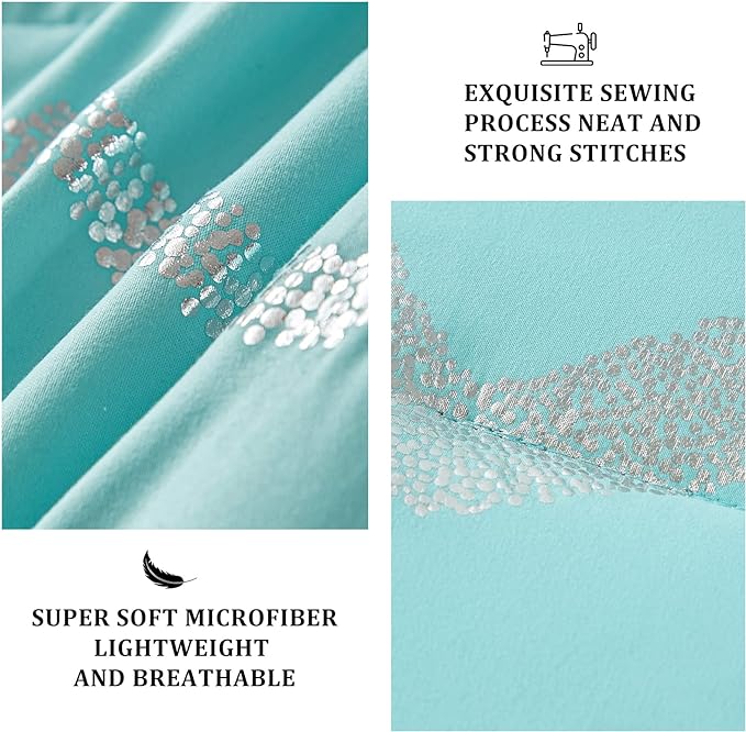 Aqua Comforter Set Queen Size Metallic Teal and Silver Bedding Set, 4 Piece Lightweight Microfiber Bed Set for Teen Girls Women (2 Pillow Shams + 1 Decorative Pillow Sham)