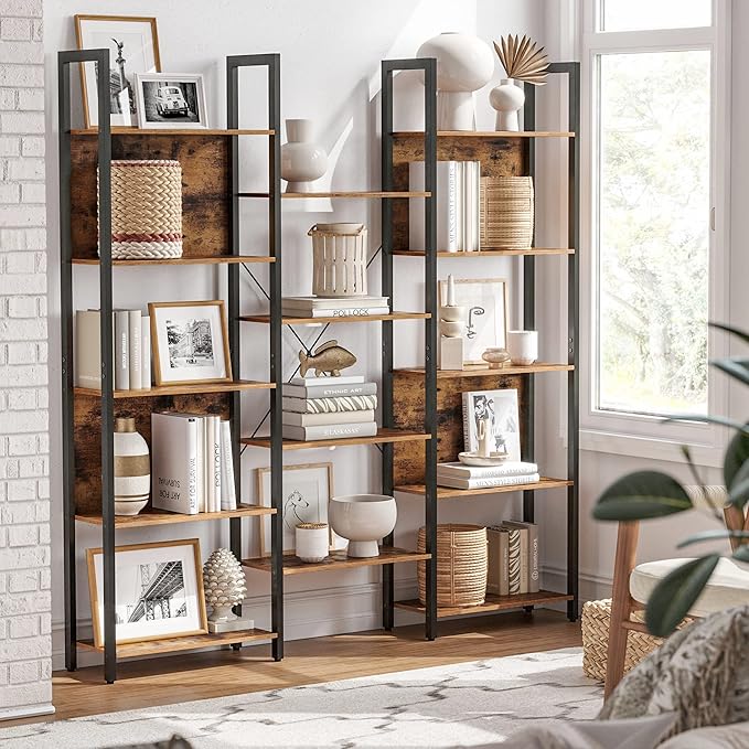 VASAGLE 5-Tier Bookcase with 14 Shelves, Book Shelf with Metal Frame, Bookshelf for Living Room, Home Office, Industrial Style, 9.4 x 62.2 x 65.4 Inches, Rustic Brown and Black ULLS107B01