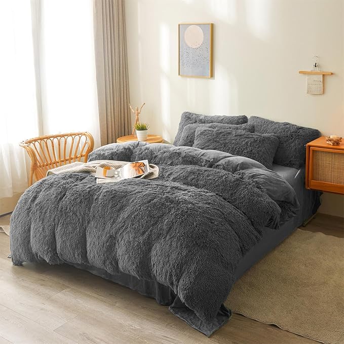 Fluffy dark grey comforters Cover twin size - Ultra Soft Plush dark grey bedding Sets 2 Pieces (1 faux fur comforter Cover + 1 fuzzy pillow case) girls shaggy dark grey twin bed set (Dark Grey, Twin)