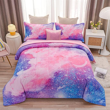 A Nice Night Galaxy Bedding Sets Outer Space Comforter 3D Printed Space Quilt Set Queen 6Pcs Glitter Pink,for Children Boy Girl Teen Kids