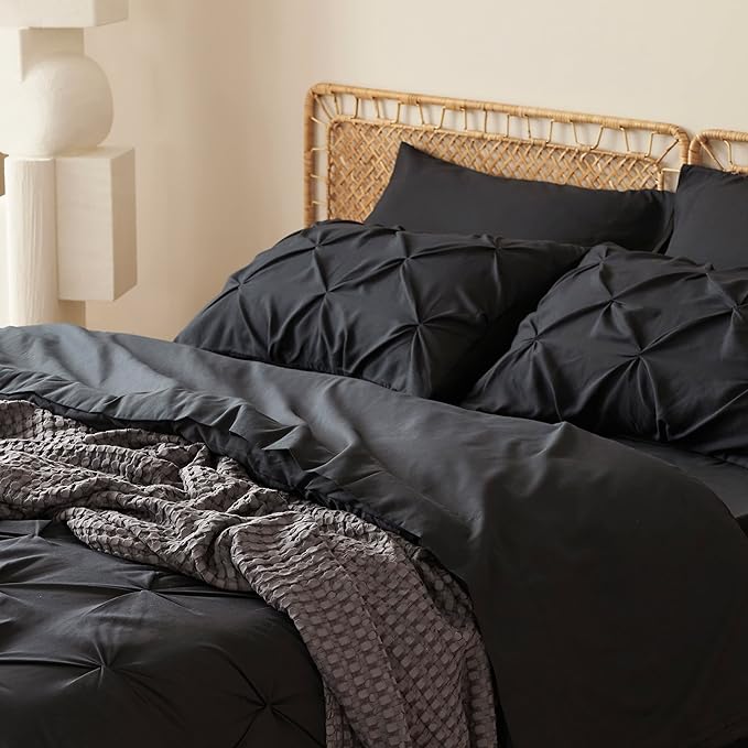 Bedsure Black Comforter Set Queen - Bed in a Bag Queen 7 Pieces, Pintuck Bedding Sets Black Bed Set with Comforter, Sheets, Pillowcases & Shams