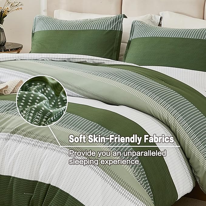 Litanika Olive Green Comforter Set California King - 3 Pieces Lightweight Olive Green White Colorblock Stripe Fluffy Bedding Comforter Sets, All Season Bed Set