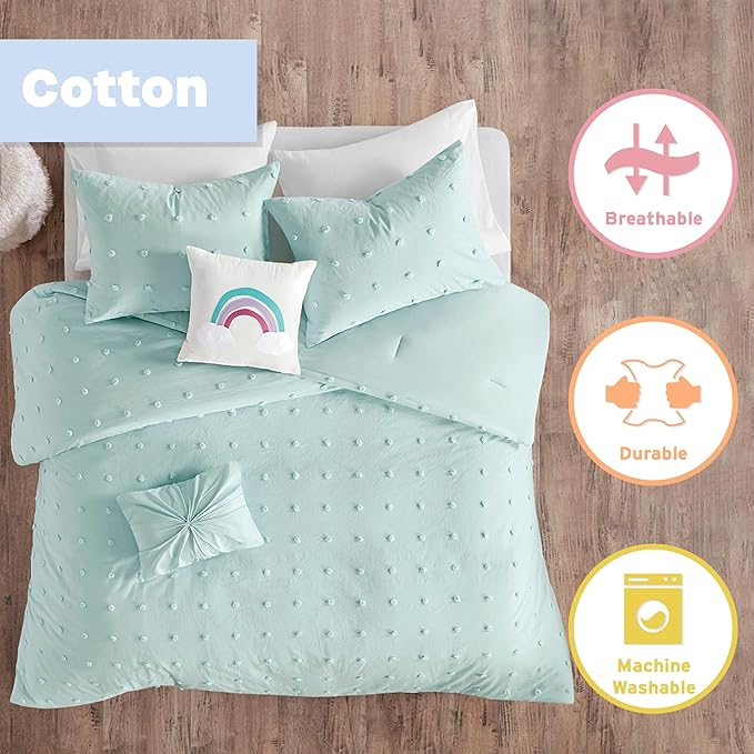 Callie Cotton Jacquard Weave Colorful Pom Pom Kids Comforter sets, Down Alternative Shabby Chic All Season Girls Bedding, Bedroom Decor, Full/Queen,Aqua 5 Piece