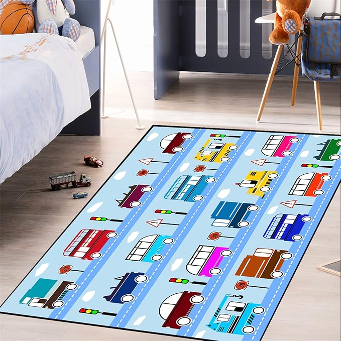 Car Rug Car Play Mat Kids Rugs for Playroom Car Rug Play Mat Rugs for Boys Bedroom Car Carpet for Kids Play Rug for Cars and Trucks Car Rug for Boys Room,Light Blue 4'×5'