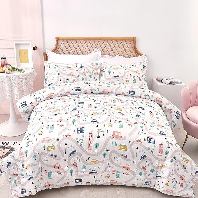 JSD Car Kids Printed Comforter Set for Boys Girls, 2 Pieces Twin Microfiber Comforter with Pillow Sham, Soft Comfortable Machine Washable