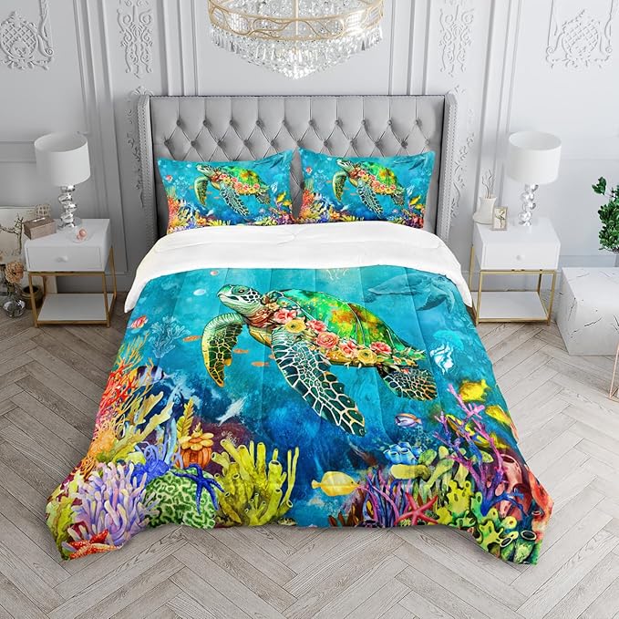 Kids Turtle Rose Comforter Set Queen Beach Theme Jellyfish Starfish Bedding Set Sea Animal Reptile Bed Set with 2 Pillowcases for Boys Girls Room Decor