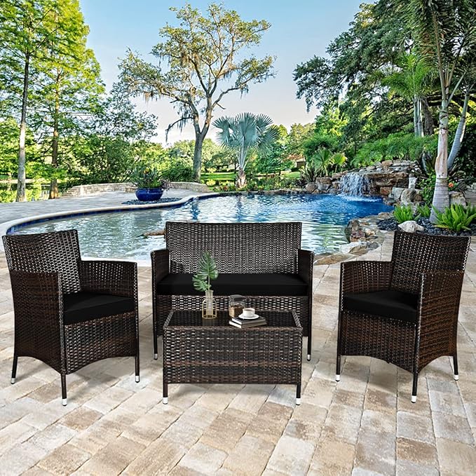 Goplus 4-Piece Rattan Patio Set, Outdoor/Indoor Wicker Conversation Set for Pool, Backyard, Lawn, Wicker Chairs and Sofa with Soft Cushion, Rattan Furniture with Tempered Glass Coffee Table