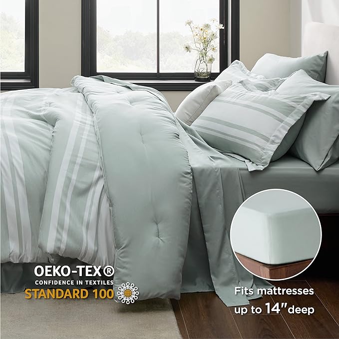 Bedsure Bed in a Bag Full Size 7 Pieces, Sage Green White Striped Bedding Comforter Sets All Season Bed Set, 2 Pillow Shams, Flat Sheet, Fitted Sheet and 2 Pillowcases