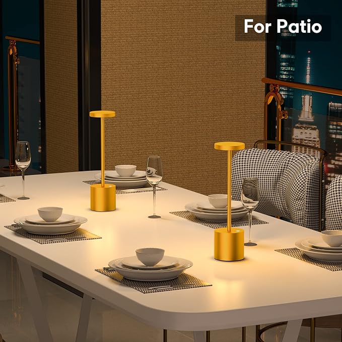 Rechargeable Cordless Table Lamp, 10.25in Small Outdoor Portable Battery Operated Desk Lamps 2 Levels Dimmable Powered Night Light for Dining Restaurant Bar Garden Patio Bedroom Gold 2pack