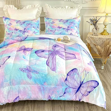 CVHOUSE Butterfly Queen Comforter Set for Girls Teens.Butterfly Queen Bedding Set,Butterflies Bedspread,Butterfly Duvet,Butterfly Bed Set,Butterflies Quilt Set 3 Pcs 1 Comforter and 2 Pillowcases