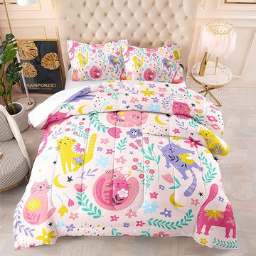Floral Cat Comforter Queen Size,Pink Cat Comforter Set for Kids Teens Girls,3Pcs Bedding Set Printed Comforter with 2 Pillowcases,Down Alternative,Soft and Lightweight(Pink，Queen Size)