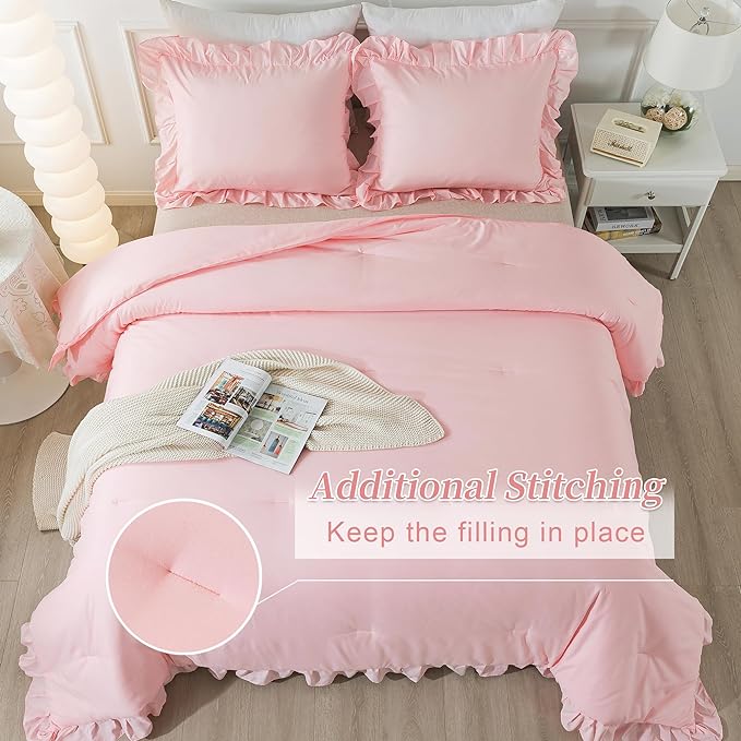 Andency Pink California King Comforter Set, 3 Pieces Cal King Light Pink Ruffle Comforter, Lightweight Soft Oversized Farmhouse Shabby Chic Microfiber Bedding Set (104x96Inch)